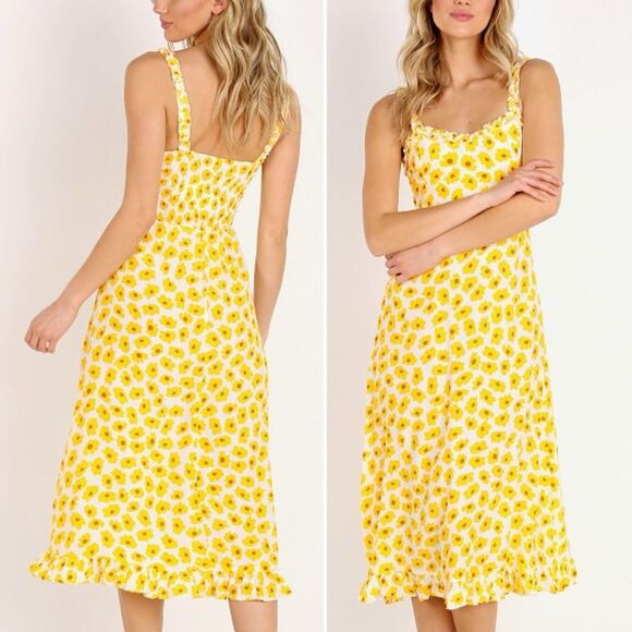 Faithfull the Brand Noemie Dress Size 8 US Yellow Floral Midi Ruffle Hem Smocked - Picture 14 of 14